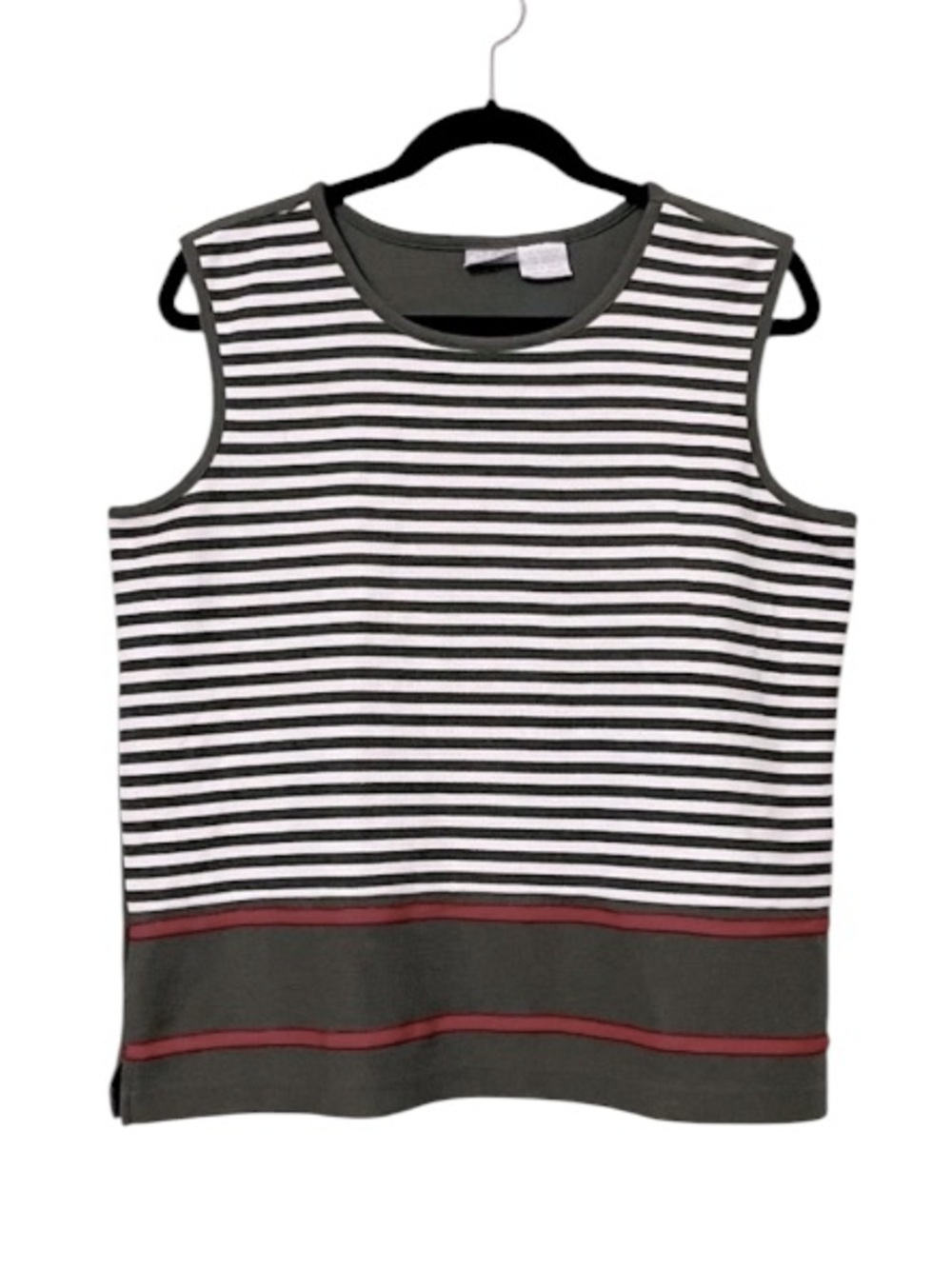 Blair Women’s Cotton Blend Knit Sleeveless Striped Olive Red White Sweater L